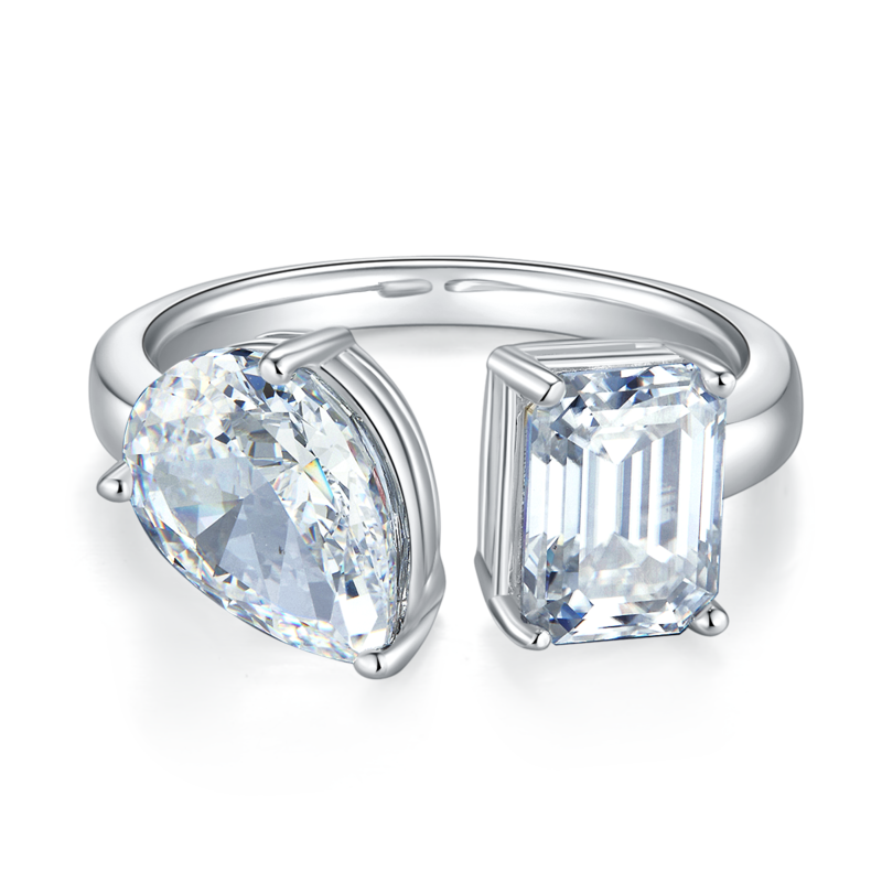 梨形冰花切AND长方MoissaniteS925银镀白金Women's Ring2ctD级